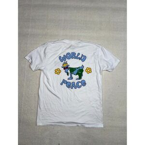 Goat USA World Peace T Shirt Mens Large White Graphic Print Cotton Crew Neck